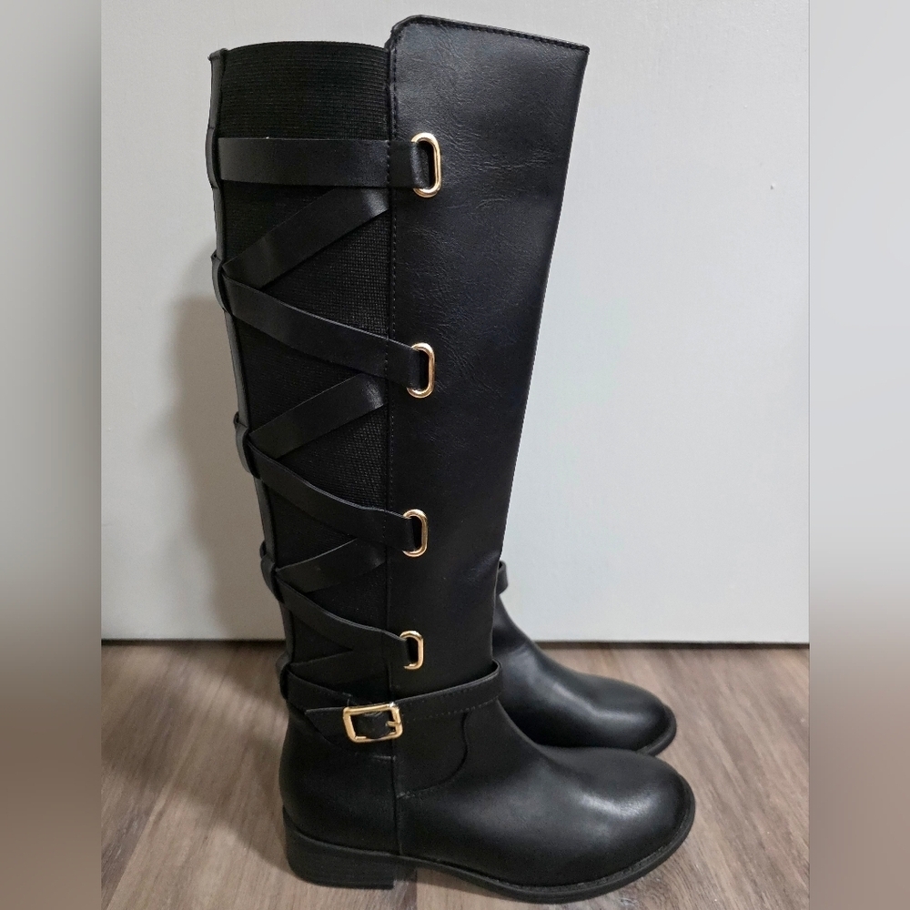 Thalia Sodi Womens Veronika Mixed Media Black Riding Boots Size 6 New In Box